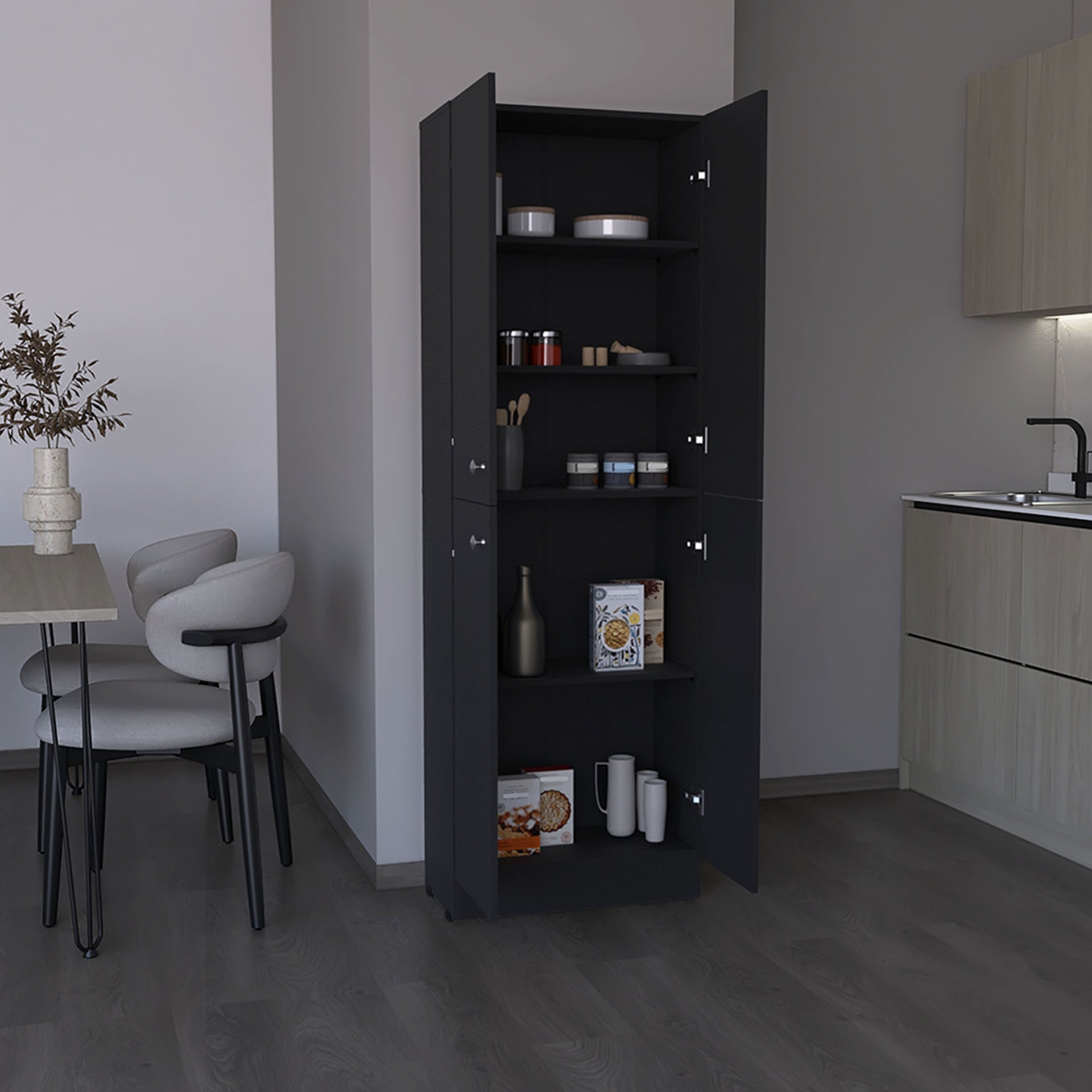 Kitchen Pantry 71" H, 4 Doors, 5 Adjustable Shelves, Laundry, Black