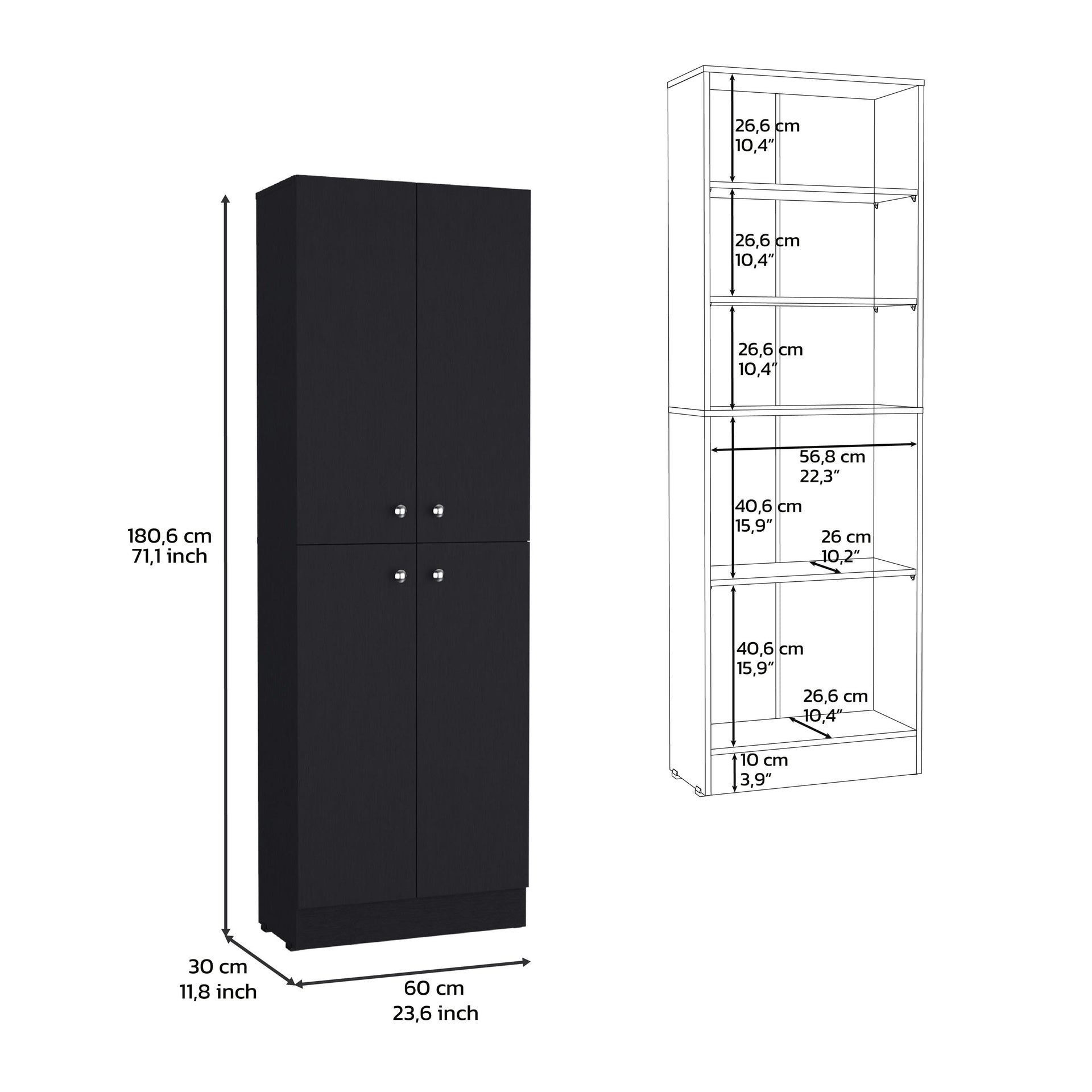 Kitchen Pantry 71" H, 4 Doors, 5 Adjustable Shelves, Laundry, Black