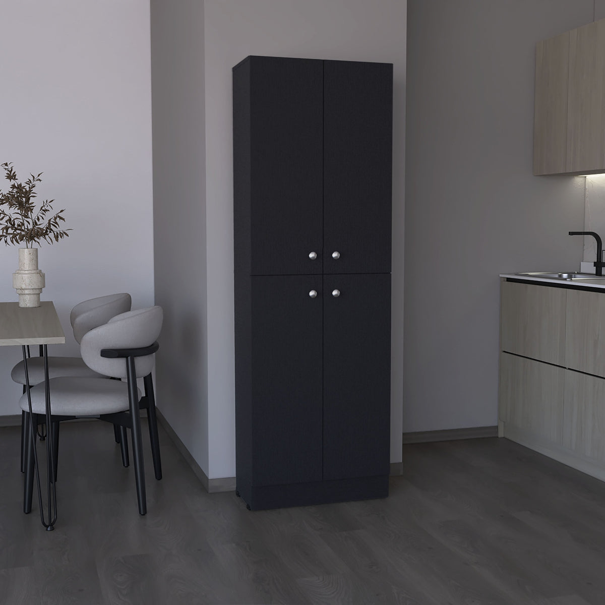 Kitchen Pantry 71" H, 4 Doors, 5 Adjustable Shelves, Laundry, Black