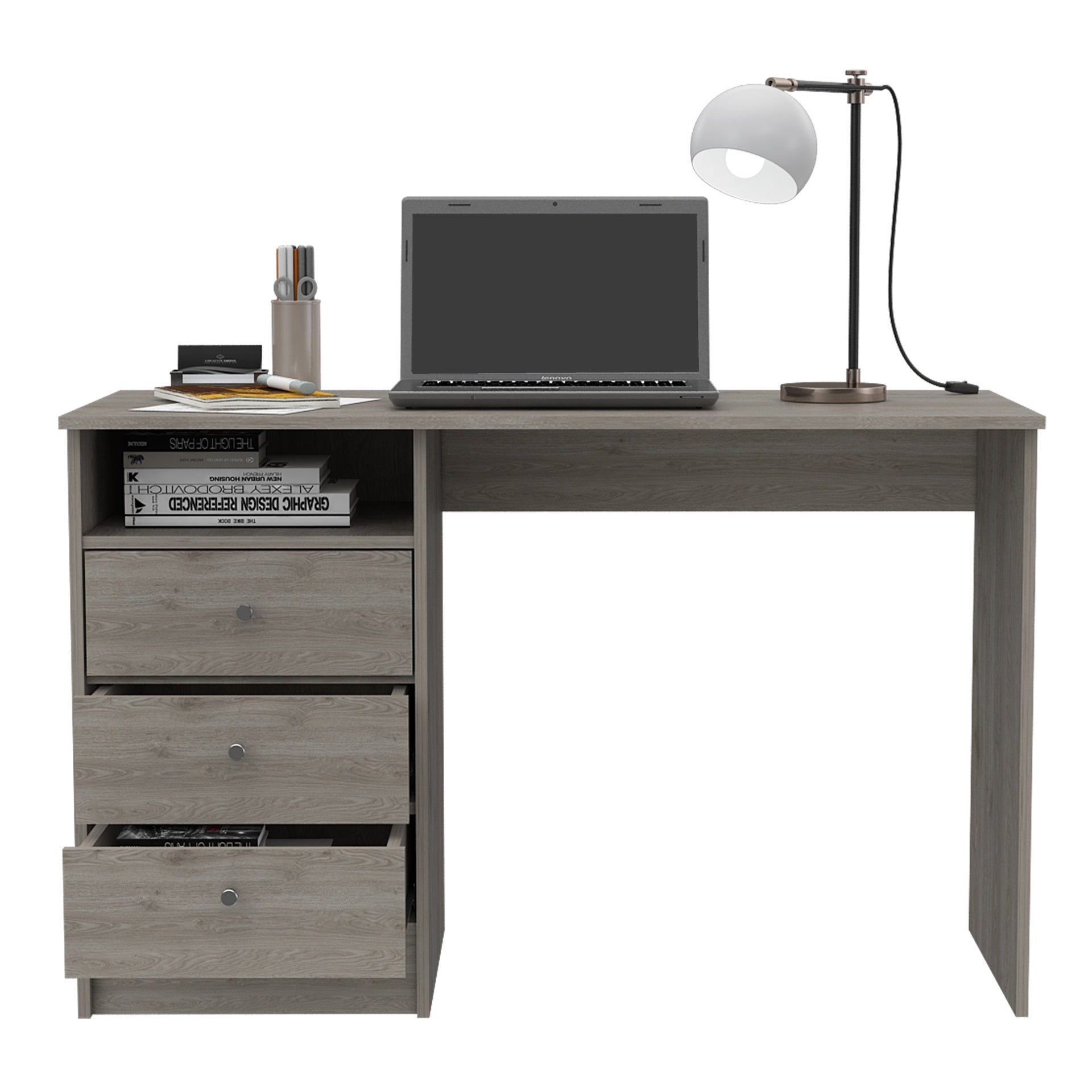 Computer Desk With 1-Open Storage Shelf, 3 Drawers, Light Gray