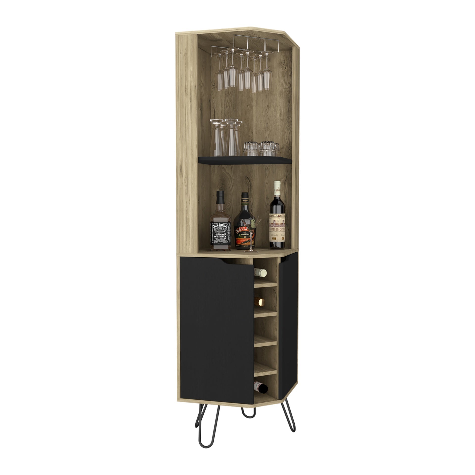 Corner Cabinet Six Built-in Wine Rack, Two Shelves, Four Shelves, Macadamia / Black