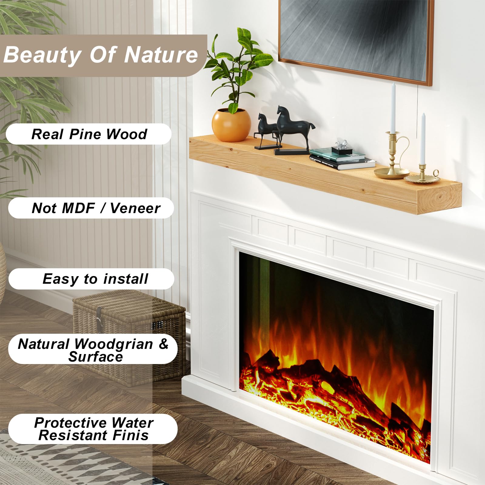 Fireplace Mantel,48" Wood Floating Fireplace Shelves,Wall Mounted Wooden Display Shelving,Handcrafted Wood Brack,Natural Mantels Over Fireplace,48" x 8" x 3"-Clear Varnished Natural Wood
