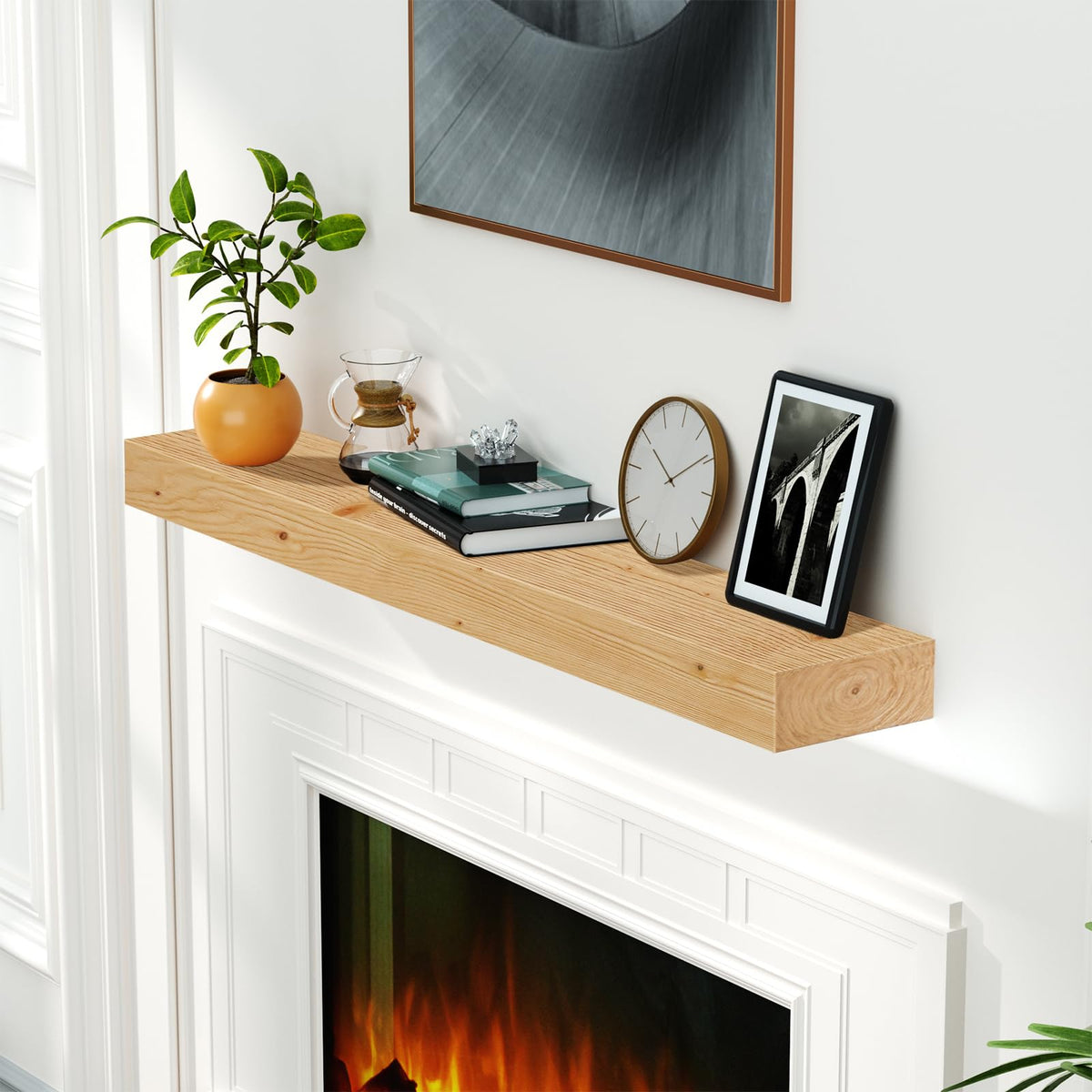 Fireplace Mantel,48" Wood Floating Fireplace Shelves,Wall Mounted Wooden Display Shelving,Handcrafted Wood Brack,Natural Mantels Over Fireplace,48" x 8" x 3"-Clear Varnished Natural Wood