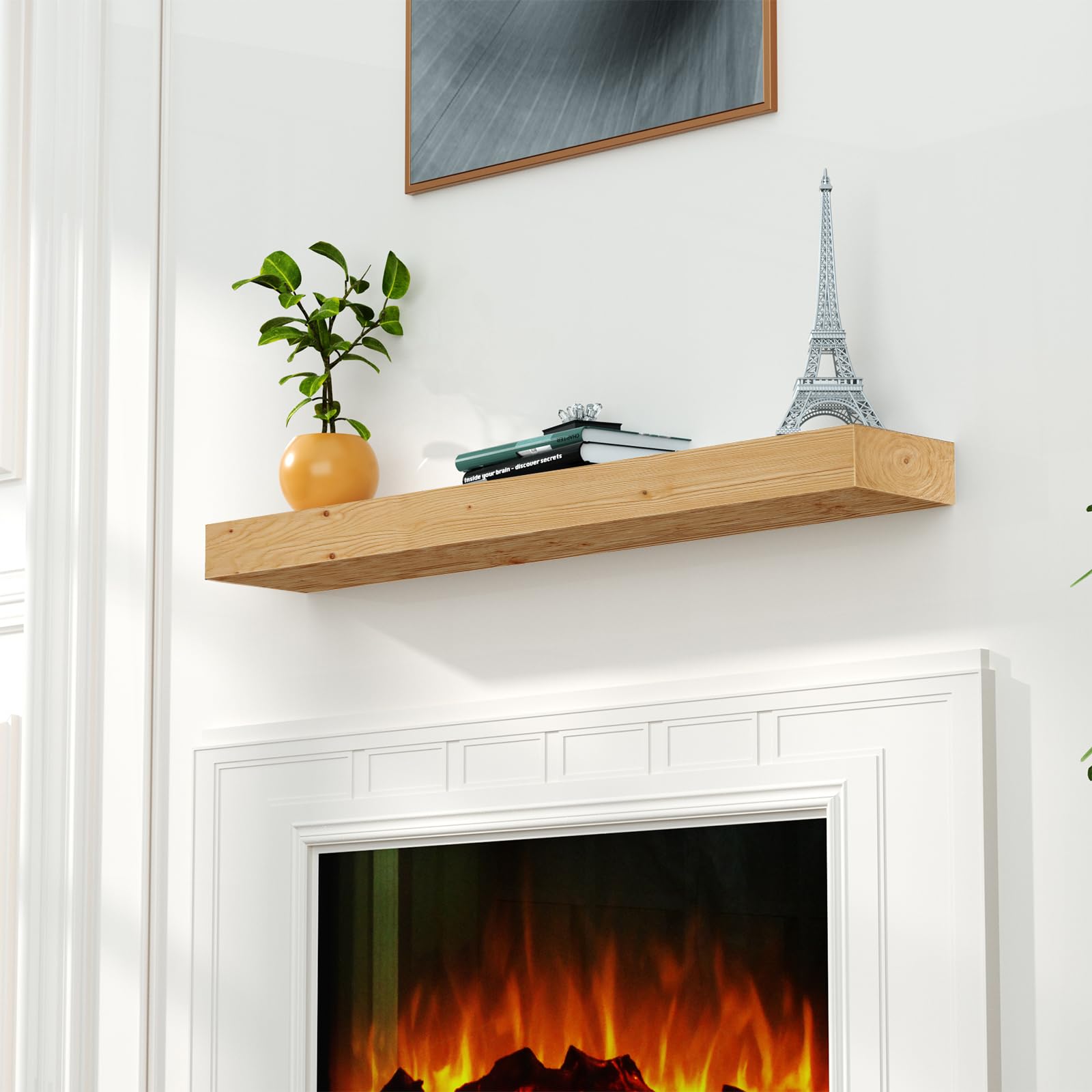 Fireplace Mantel,48" Wood Floating Fireplace Shelves,Wall Mounted Wooden Display Shelving,Handcrafted Wood Brack,Natural Mantels Over Fireplace,48" x 8" x 3"-Clear Varnished Natural Wood