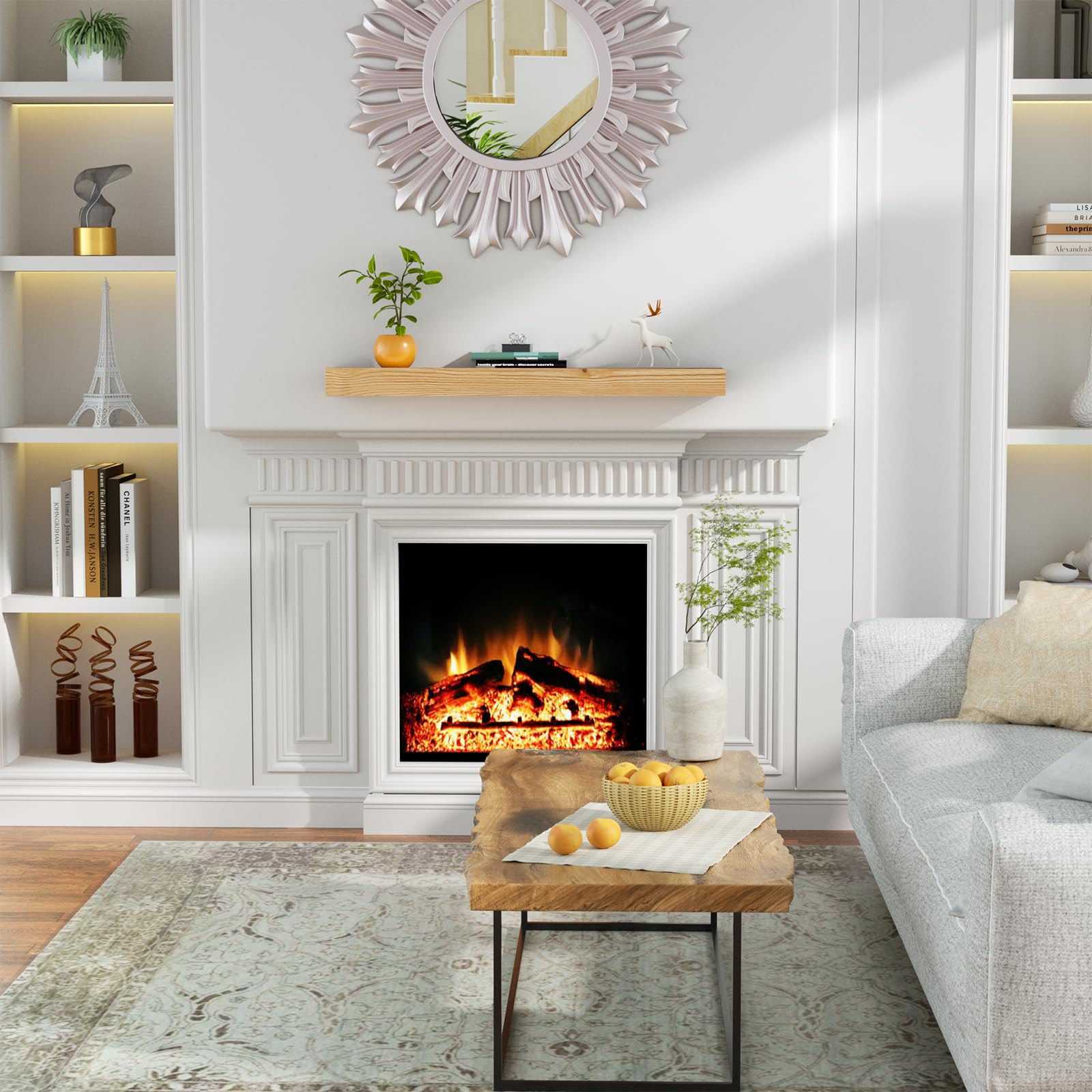 Fireplace Mantel,48" Wood Floating Fireplace Shelves,Wall Mounted Wooden Display Shelving,Handcrafted Wood Brack,Natural Mantels Over Fireplace,48" x 8" x 3"-Clear Varnished Natural Wood