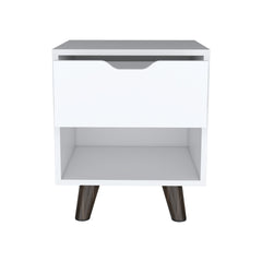 Modern Nightstand 19"H with Spacious Drawer, Open Storage Shelf and Chic Wooden Legs, White