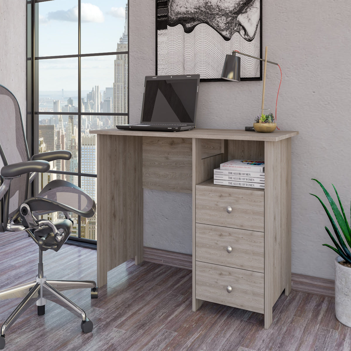 Computer Desk with Open Storage Shelf and 3-Drawers, Light Gray