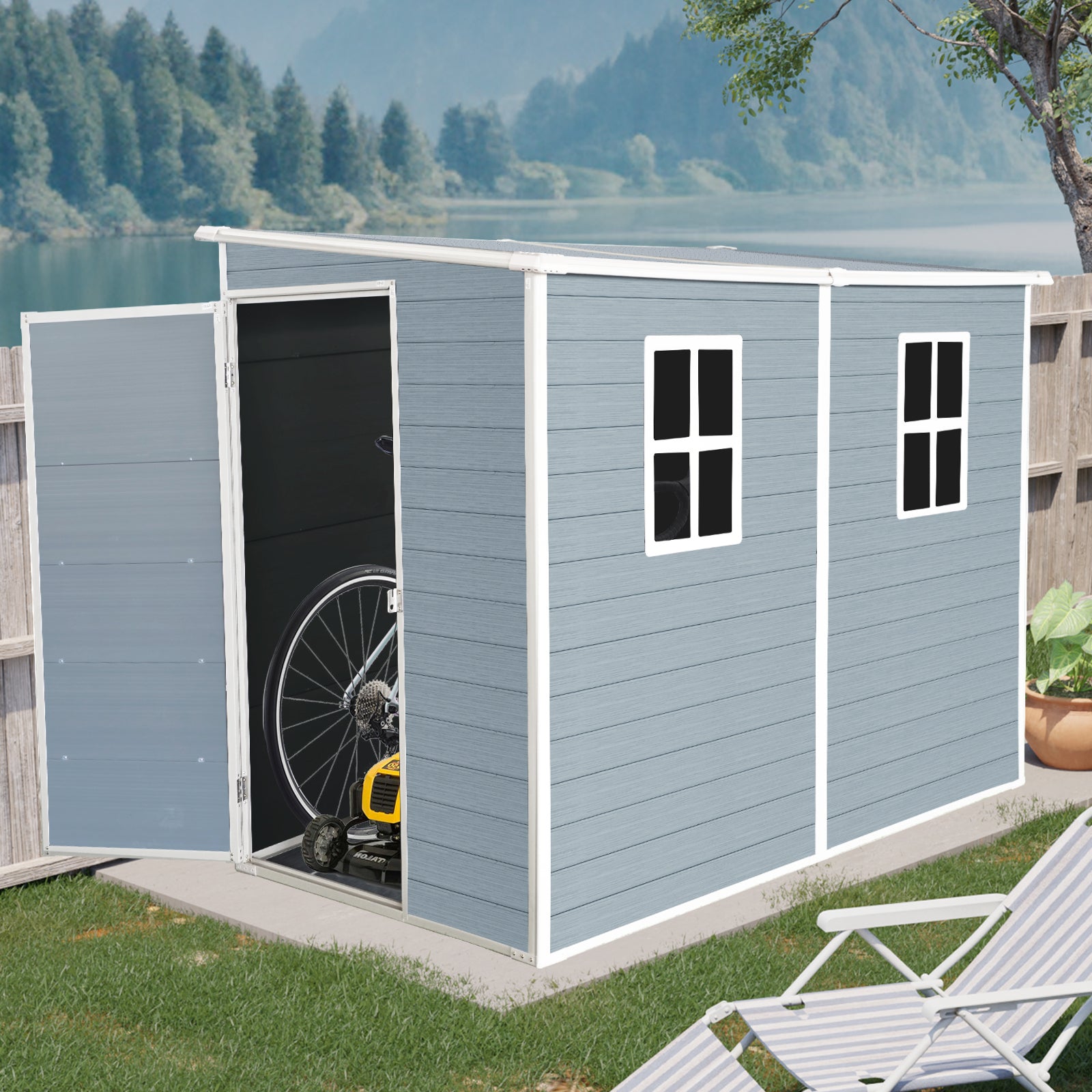 4x8ft Outdoor Storage Shed with Floor Resin shed with Two-Window, Waterproof ,Lockable Doors for Patio,Yard,Lawn -Gray (W540S00064 Upgraded Version)