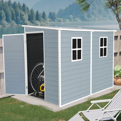 4x8ft Outdoor Storage Shed with Floor Resin shed with Two-Window, Waterproof ,Lockable Doors for Patio,Yard,Lawn -Gray (W540S00064 Upgraded Version)