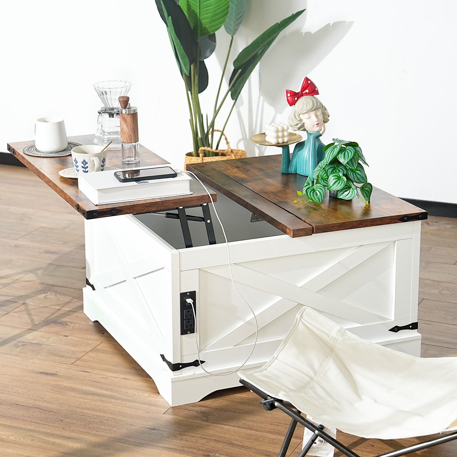 Lift-Top Coffee Table with Storage & Charging Station,Multi-functional Lifting Dining Table Coffee Table,Living Room Home Table,Space-Saving Modern Design.35.4"x 35.4",Vintage White