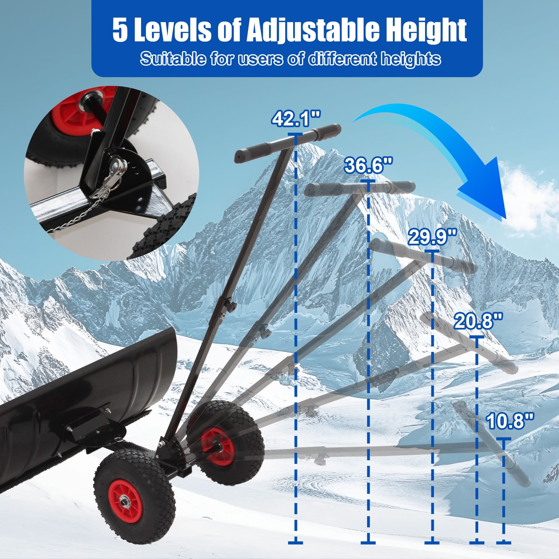 30" Wide Metal Snow Pusher with 15" Height & 2 Wheels,Adjustable Angle & Height Handle  for Effortless Snow Clearing,Ergonomic Single-Rod Design for Driveway & Sidewalk