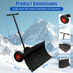 30" Wide Metal Snow Pusher with 15" Height & 2 Wheels,Adjustable Angle & Height Handle  for Effortless Snow Clearing,Ergonomic Single-Rod Design for Driveway & Sidewalk