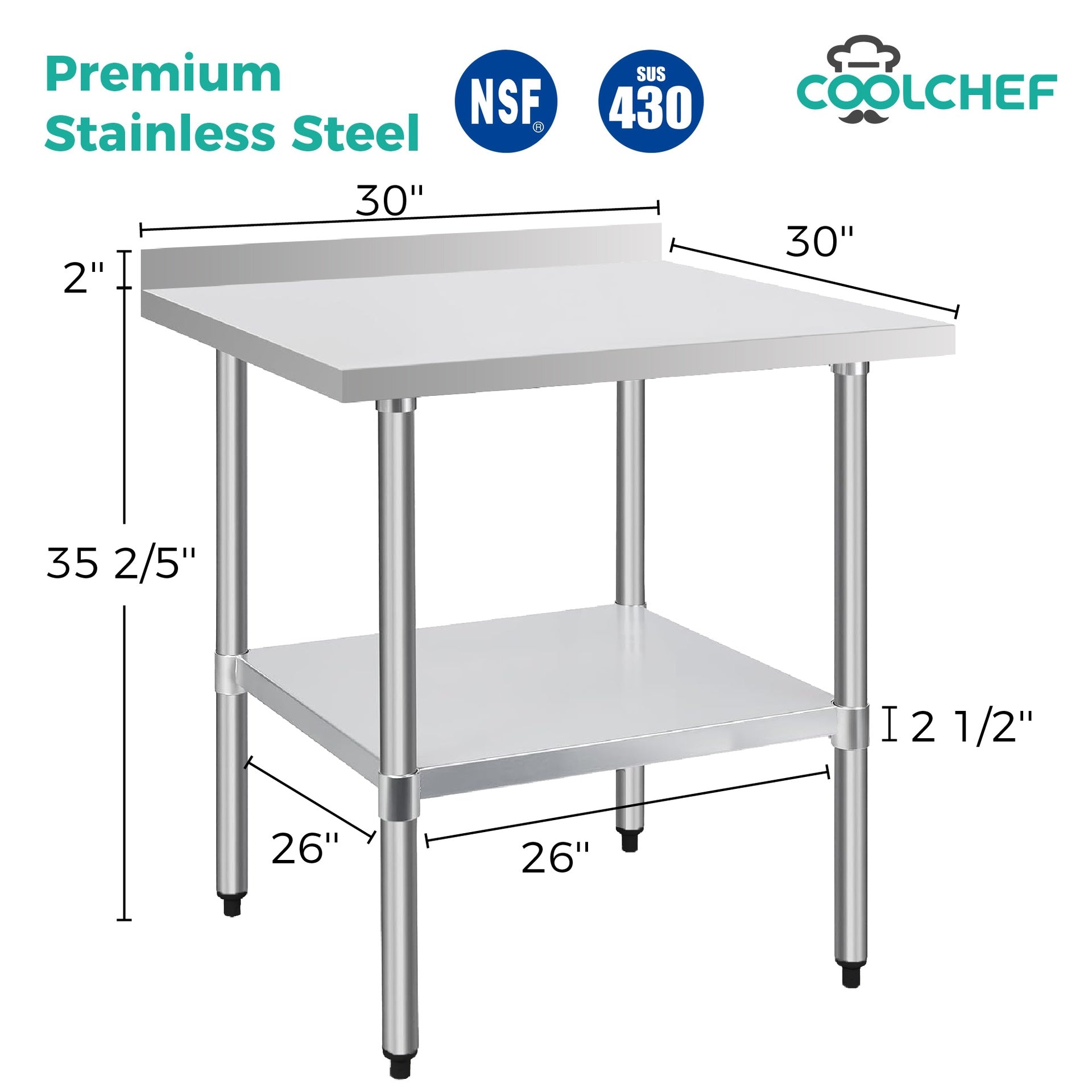 30" x 30" 18-Gauge Stainless Steel Commercial Work Table with 4" Backsplash and Undershelf
