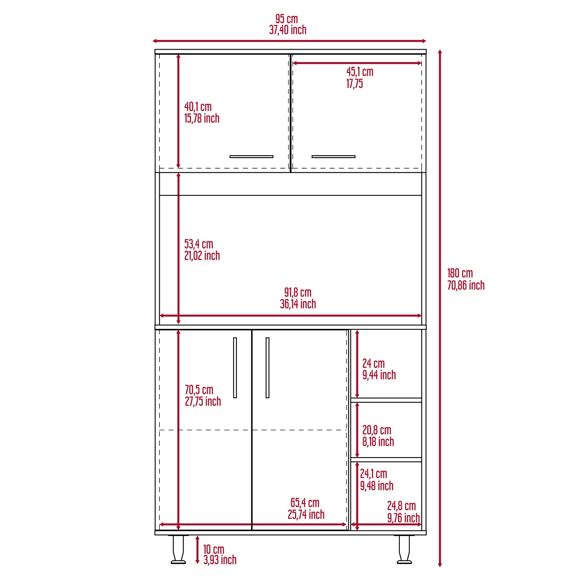 95 Pantry Kit, Four Legs, Double Door Cabinet, Three Shelves  -White