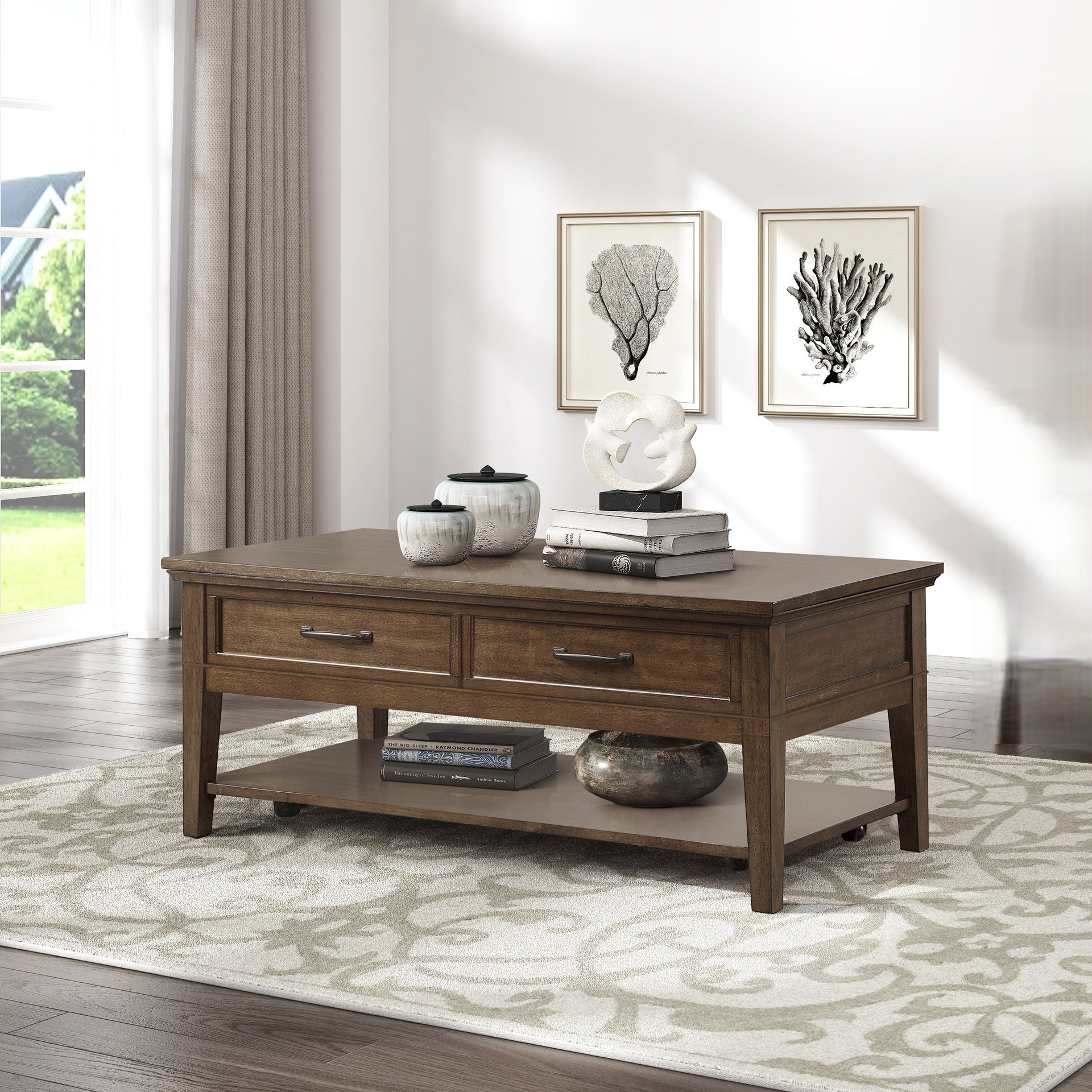 1pc Transitional Walnut Finish Cocktail Table with 2 Drawers Shelf Wooden Living Room Furniture Coffee Table