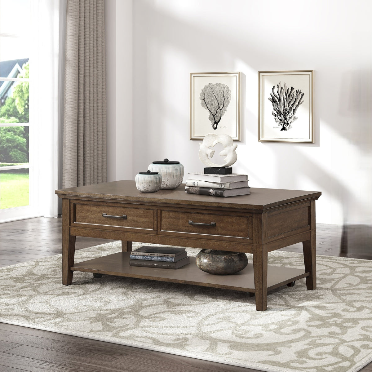 1pc Transitional Walnut Finish Cocktail Table with 2 Drawers Shelf Wooden Living Room Furniture Coffee Table