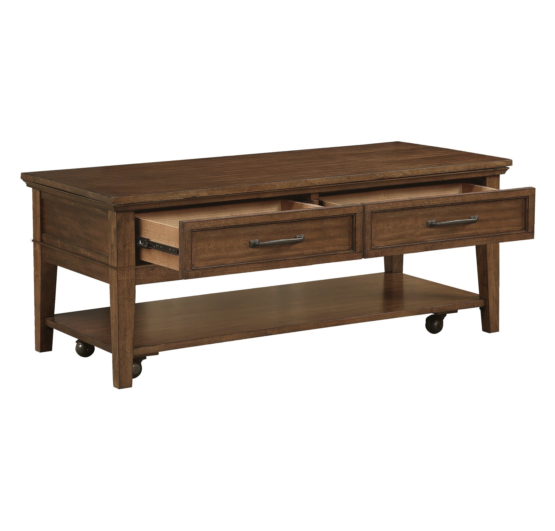 1pc Transitional Walnut Finish Cocktail Table with 2 Drawers Shelf Wooden Living Room Furniture Coffee Table
