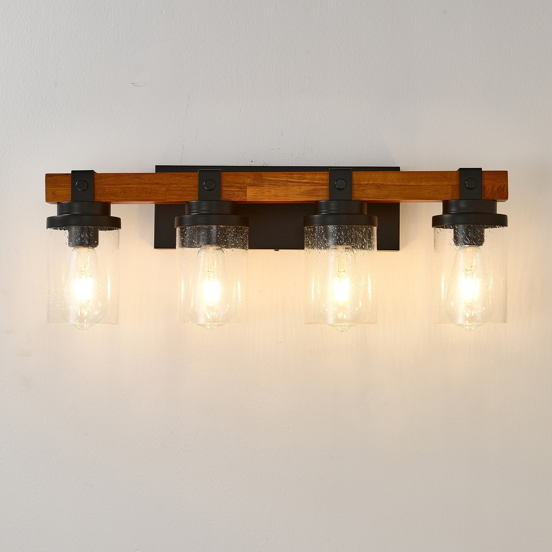 4-Light -Matte Black And Wooden Wall Lamps With Glass Lamp Shade (No Bulbs) For Dinning Room Hallway Bedroom