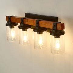 4-Light -Matte Black And Wooden Wall Lamps With Glass Lamp Shade (No Bulbs) For Dinning Room Hallway Bedroom