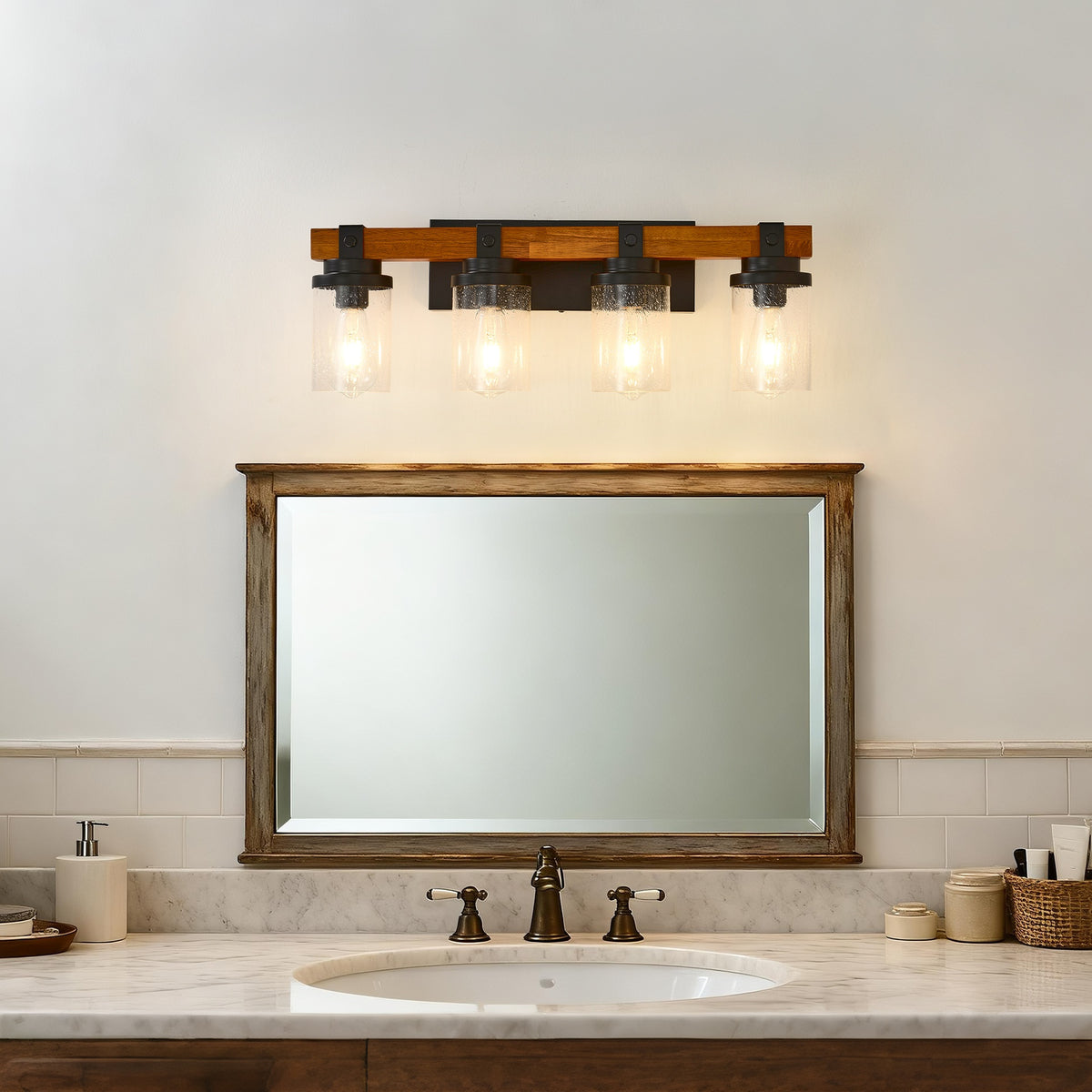 4-Light -Matte Black And Wooden Wall Lamps With Glass Lamp Shade (No Bulbs) For Dinning Room Hallway Bedroom