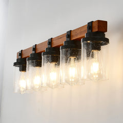 5-Light Matte Black +Wood  Wall Lamps with Glass Lamp Shades (No Bulbs) For Bathroom Kitchen Dinning Room