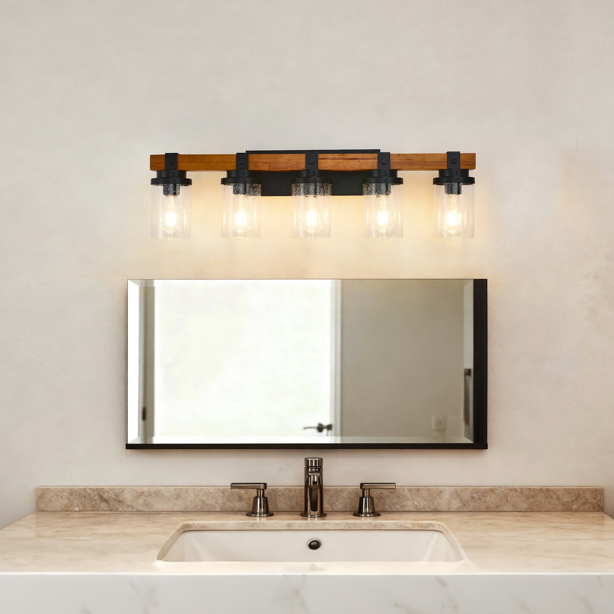 5-Light Matte Black +Wood  Wall Lamps with Glass Lamp Shades (No Bulbs) For Bathroom Kitchen Dinning Room