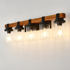5-Light Matte Black +Wood  Wall Lamps with Glass Lamp Shades (No Bulbs) For Bathroom Kitchen Dinning Room