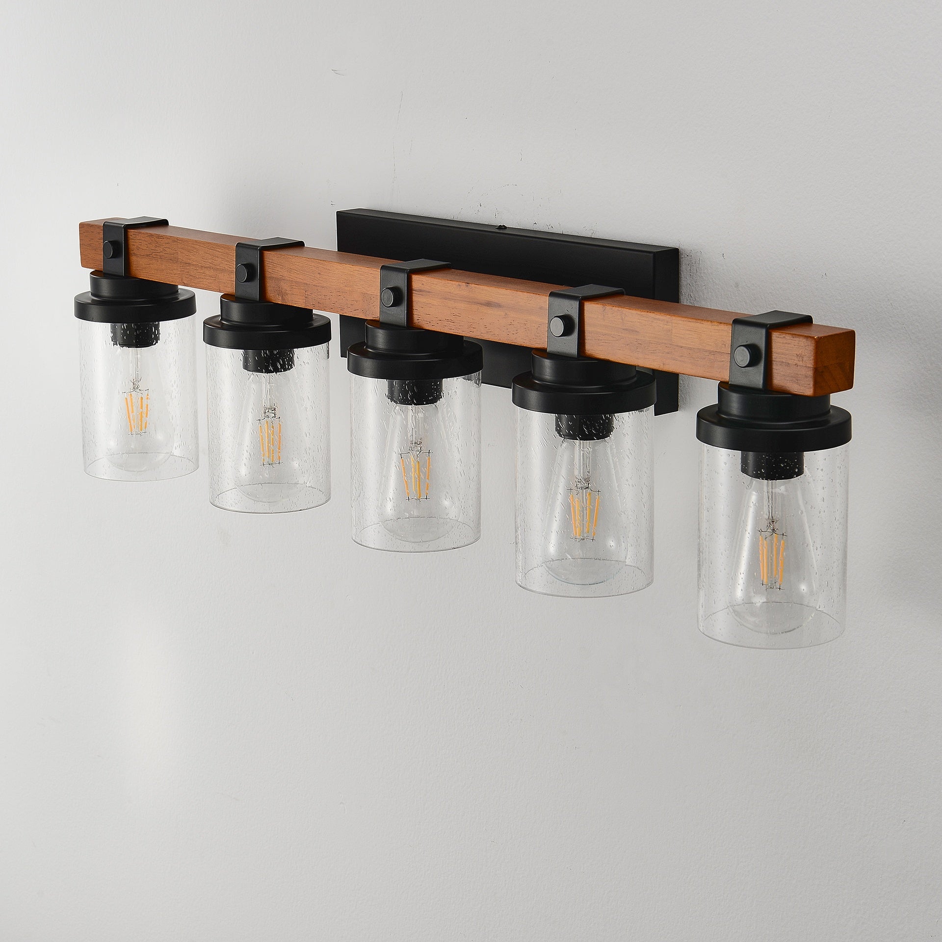5-Light Matte Black +Wood  Wall Lamps with Glass Lamp Shades (No Bulbs) For Bathroom Kitchen Dinning Room