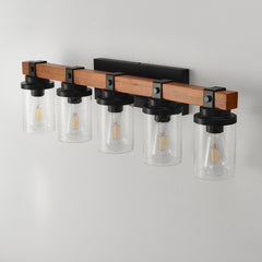 5-Light Matte Black +Wood  Wall Lamps with Glass Lamp Shades (No Bulbs) For Bathroom Kitchen Dinning Room