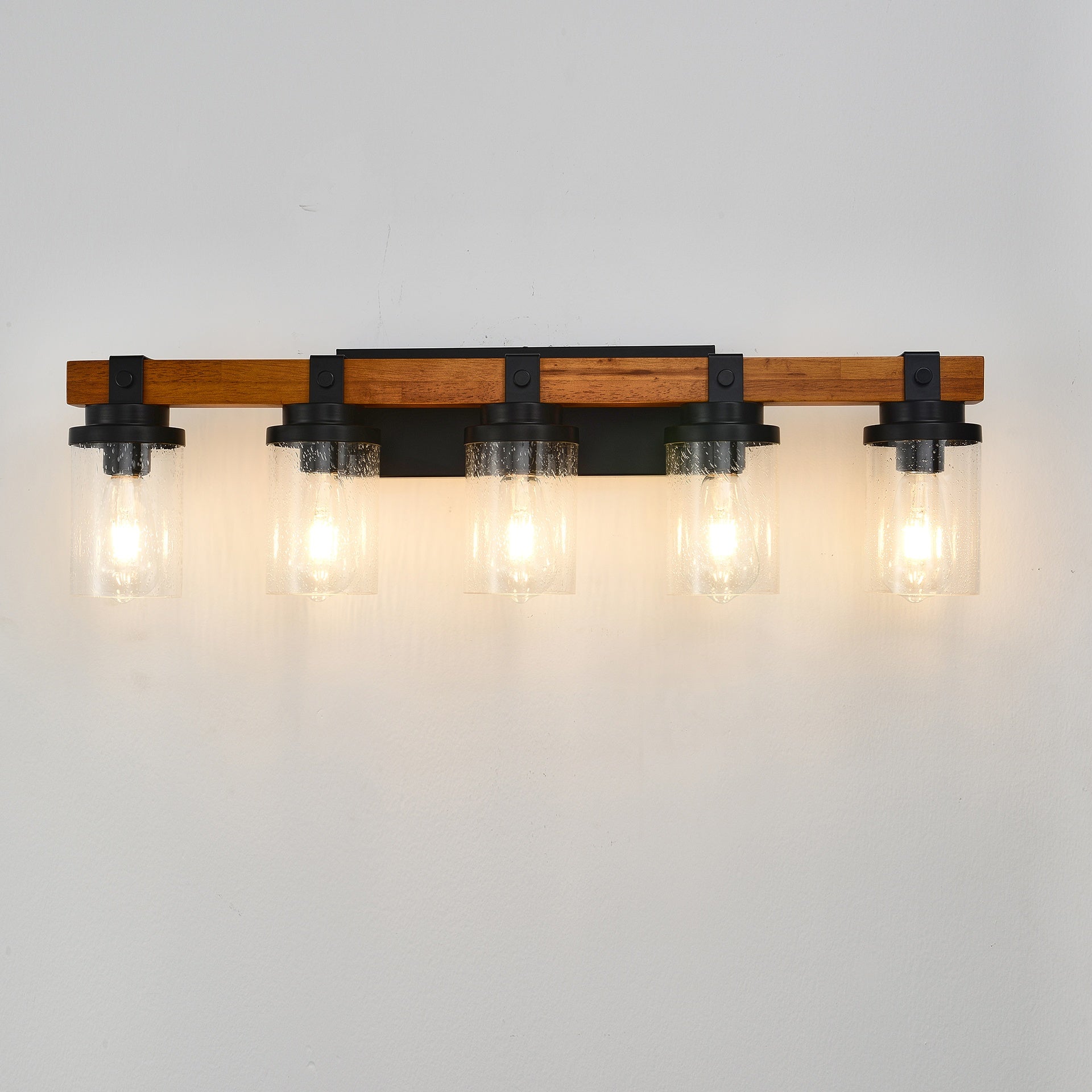 5-Light Matte Black +Wood  Wall Lamps with Glass Lamp Shades (No Bulbs) For Bathroom Kitchen Dinning Room