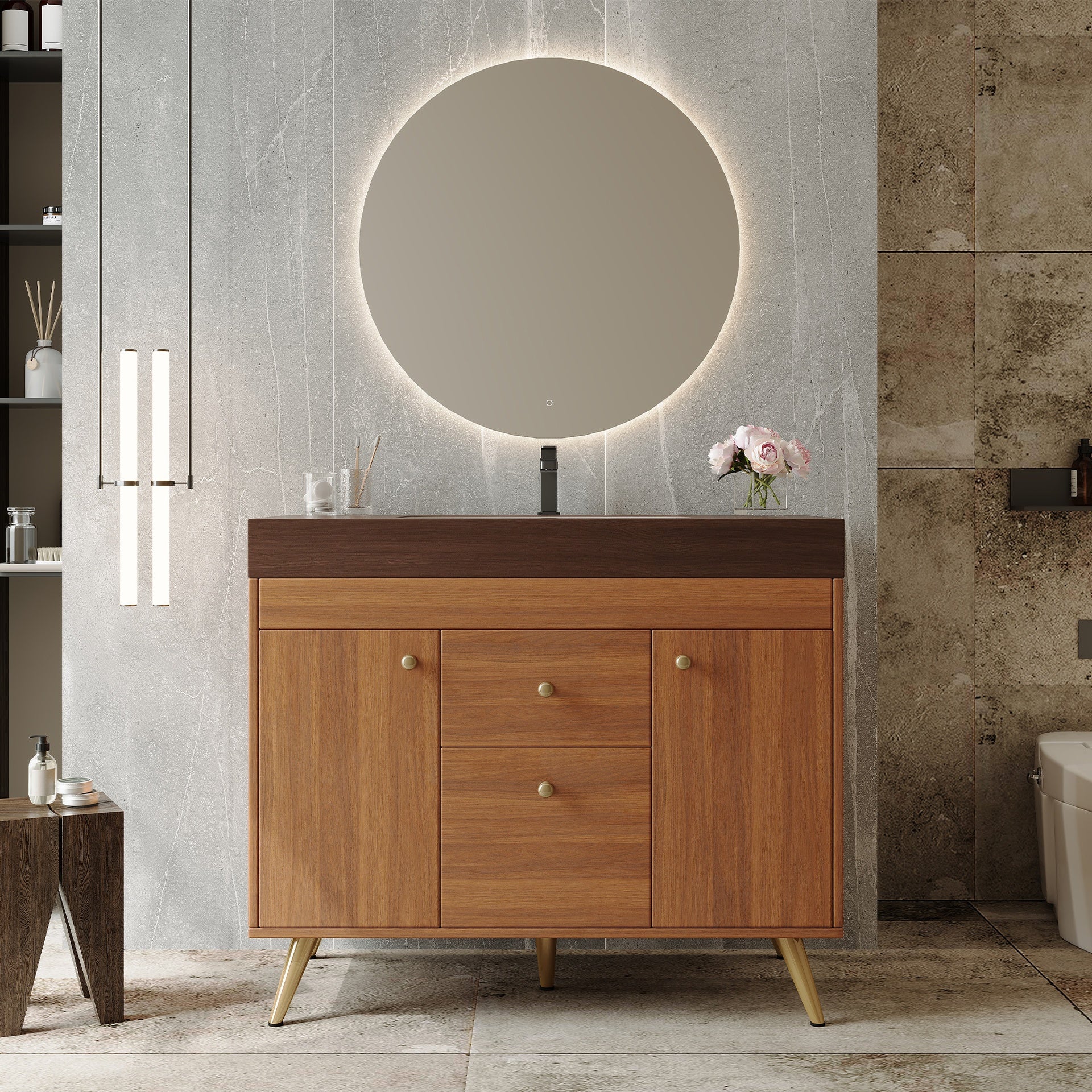 36" Modern Freestanding Bathroom Vanity with Sintered Stone Top, Ceramic Sink & Smart Storage
