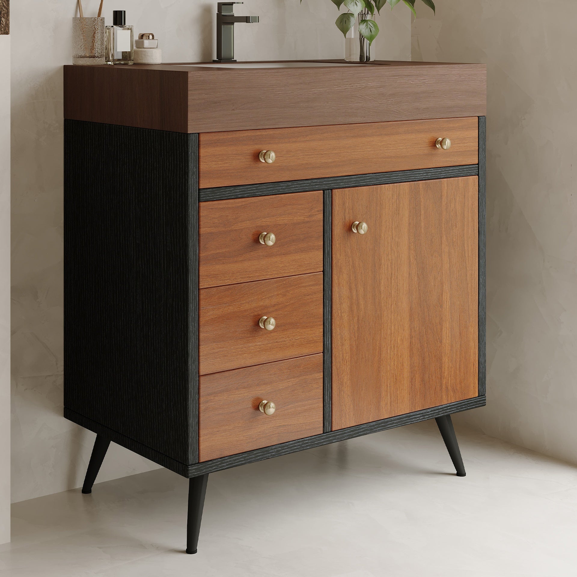 Mid-Century Modern Free-Standing Bathroom Vanity with Ceramic Sink &  Sintered Stone Top