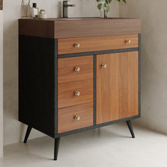 Mid-Century Modern Free-Standing Bathroom Vanity with Ceramic Sink &  Sintered Stone Top