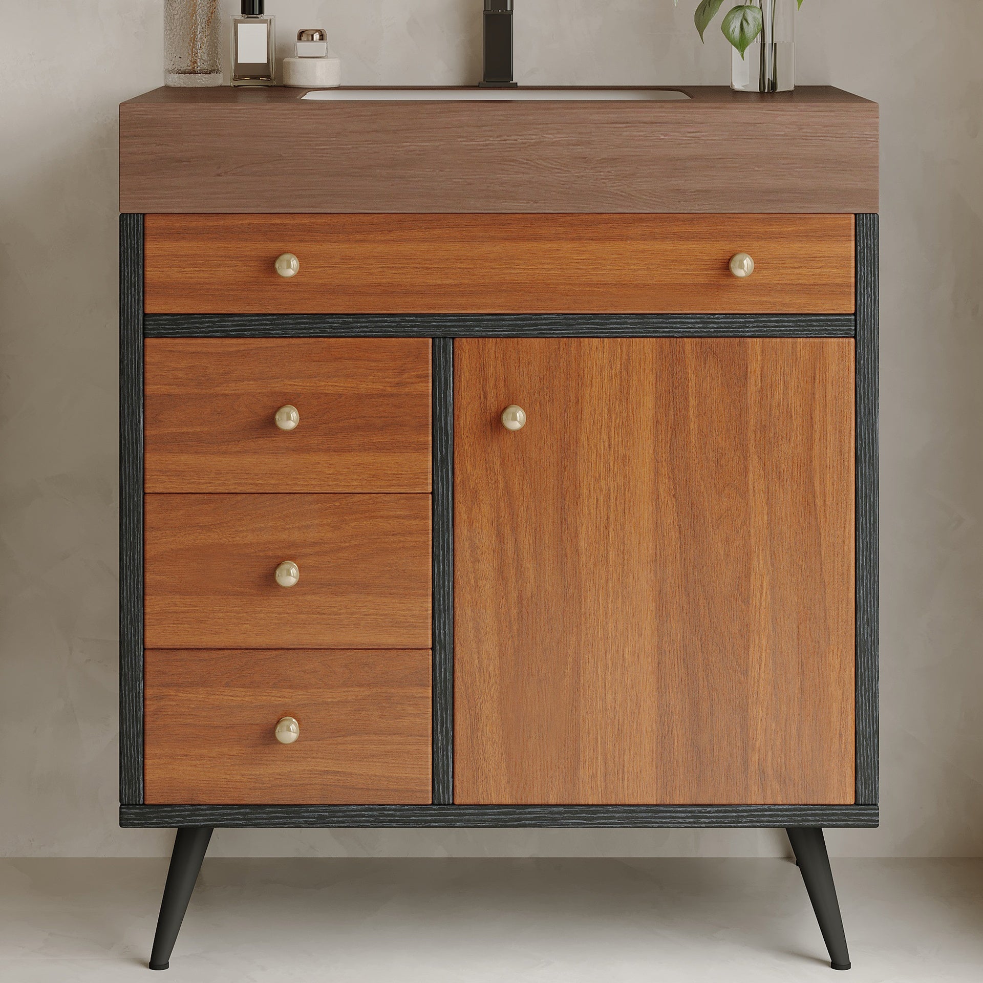 Mid-Century Modern Free-Standing Bathroom Vanity with Ceramic Sink &  Sintered Stone Top