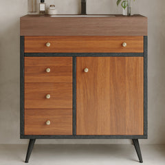 Mid-Century Modern Free-Standing Bathroom Vanity with Ceramic Sink &  Sintered Stone Top