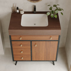 Mid-Century Modern Free-Standing Bathroom Vanity with Ceramic Sink &  Sintered Stone Top