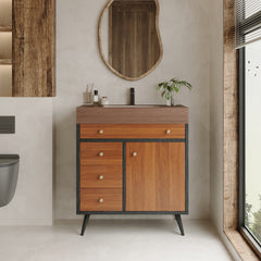 Mid-Century Modern Free-Standing Bathroom Vanity with Ceramic Sink &  Sintered Stone Top
