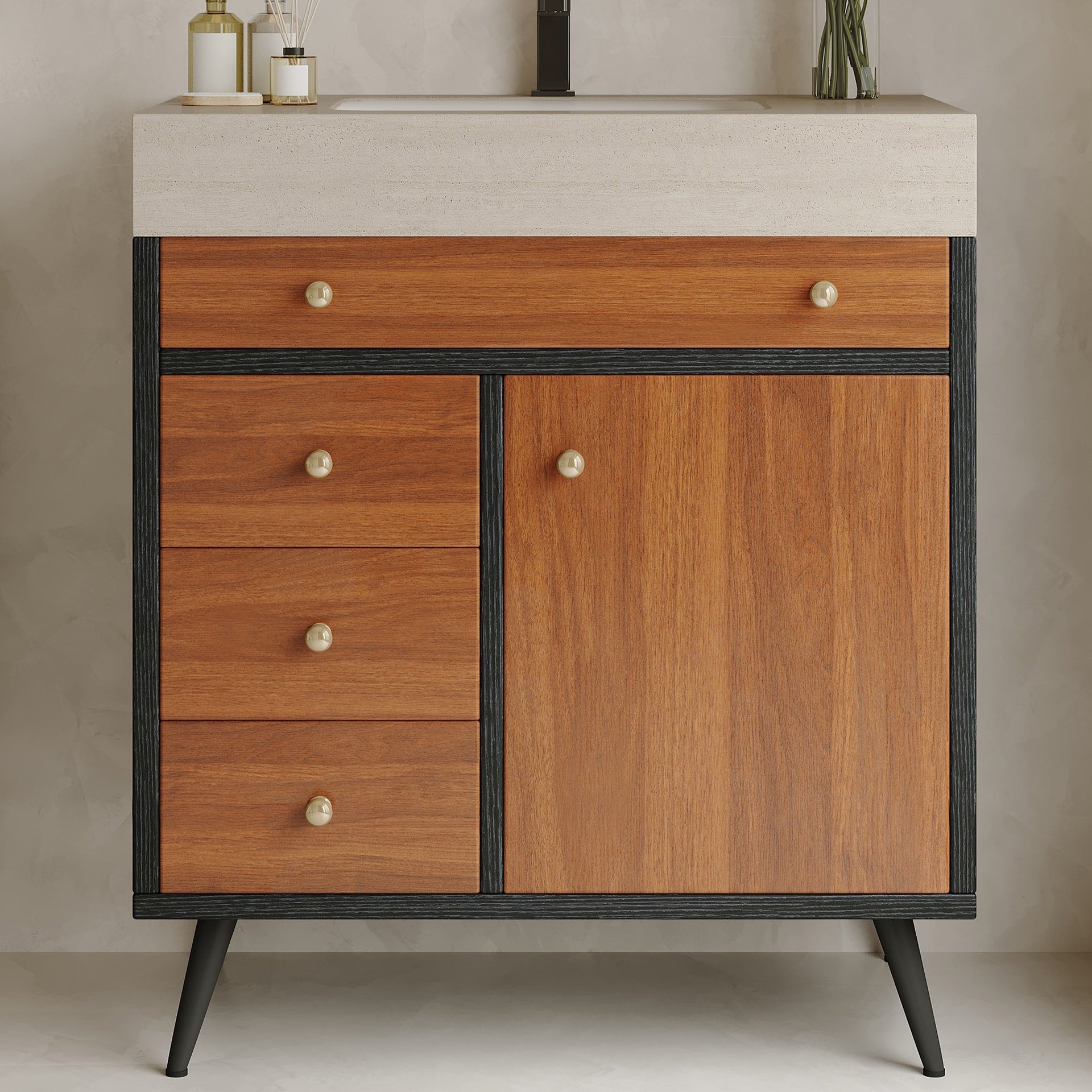 Modern Free-Standing Bathroom Vanity with Ceramic Sink &  Sintered Stone Top