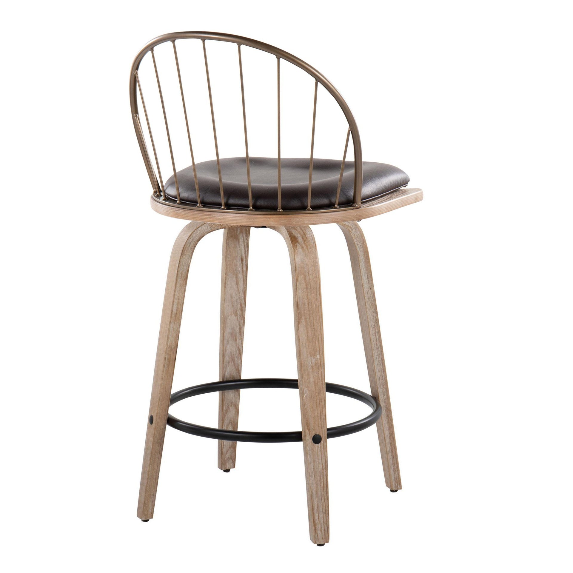 Riley 26" Farmhouse Fixed-Height Counter Stool in White Washed Wood, Antique Copper Metal with Removable Brown Faux Leather Cushion and Round Black Metal Footrest by LumiSource - Set of 2