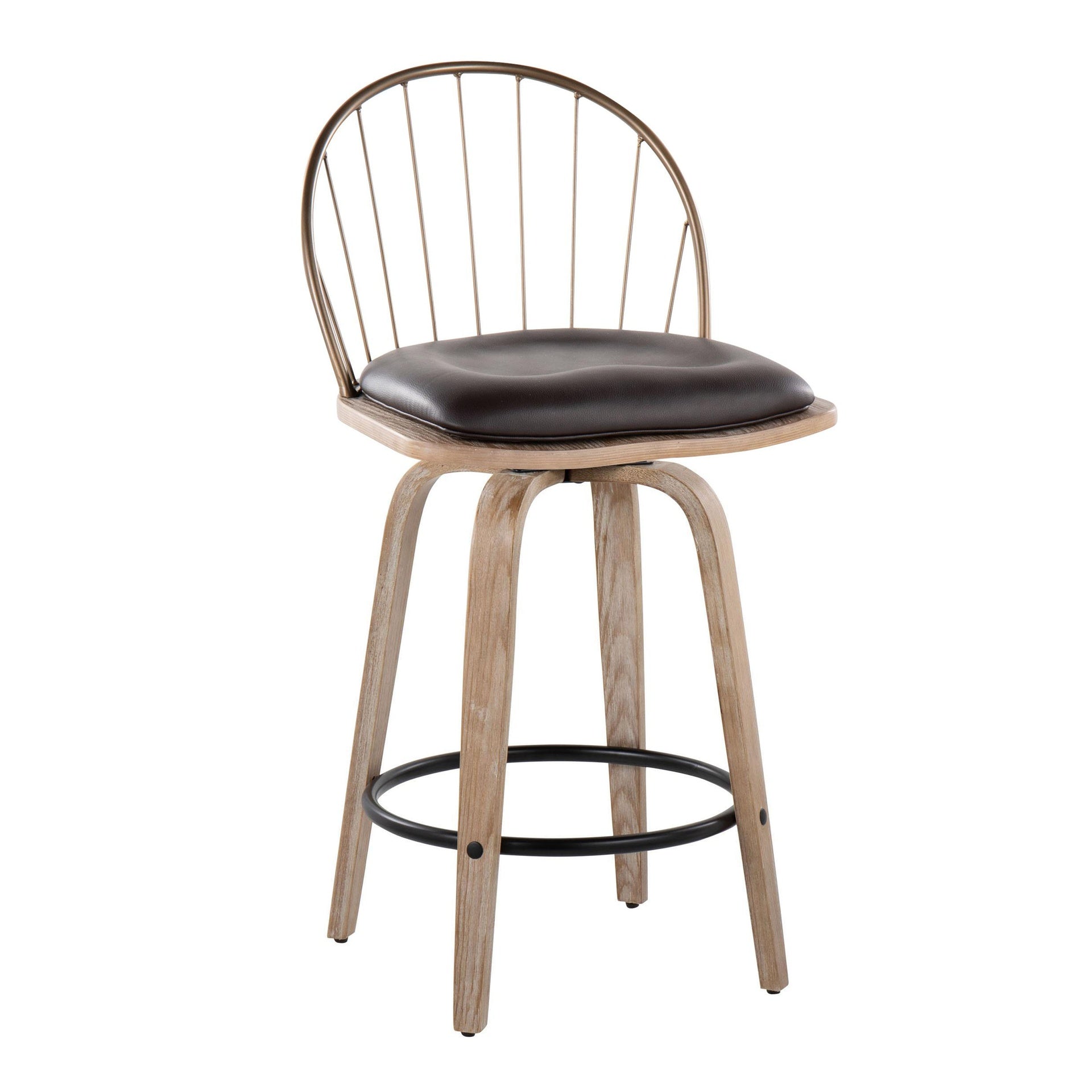 Riley 26" Farmhouse Fixed-Height Counter Stool in White Washed Wood, Antique Copper Metal with Removable Brown Faux Leather Cushion and Round Black Metal Footrest by LumiSource - Set of 2