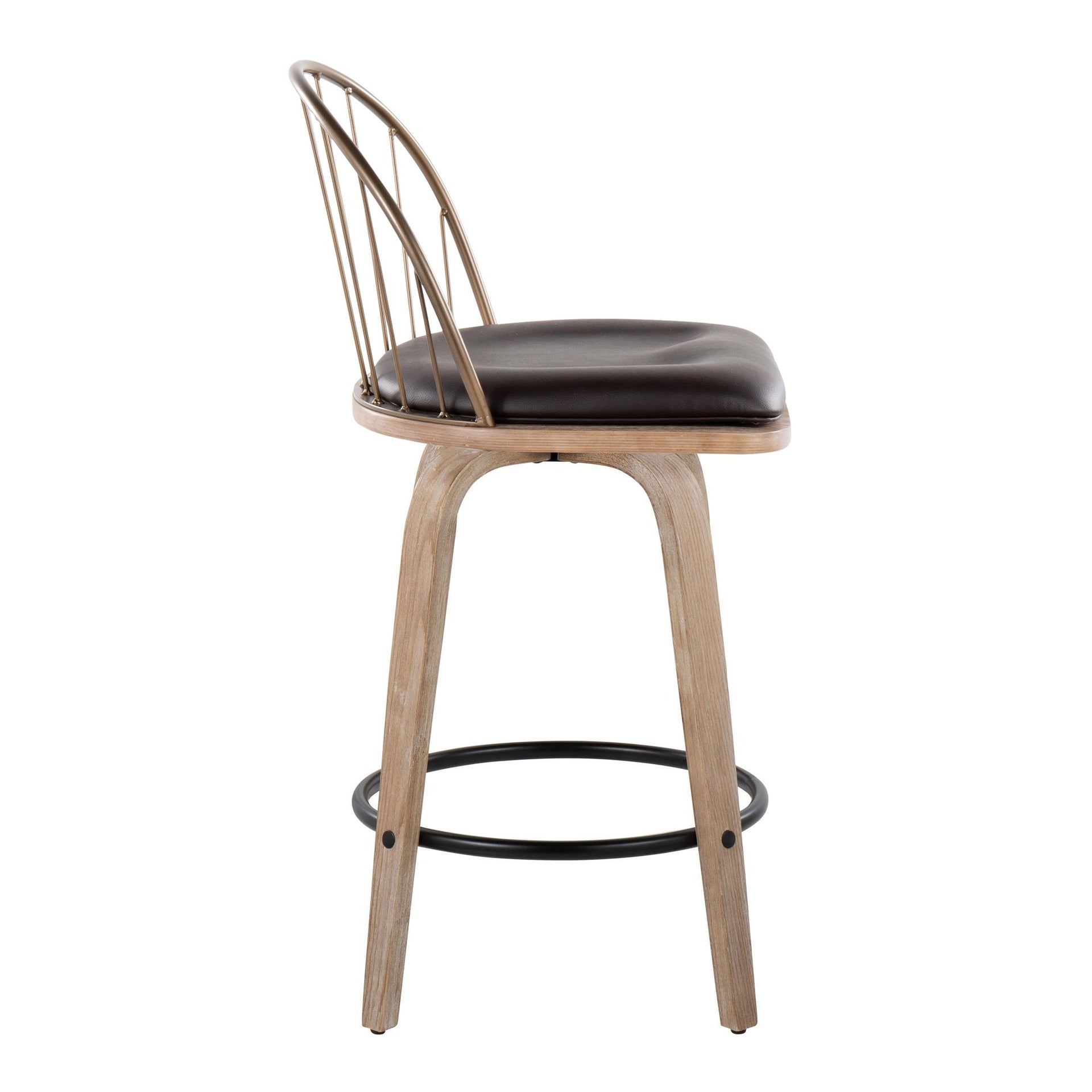 Riley 26" Farmhouse Fixed-Height Counter Stool in White Washed Wood, Antique Copper Metal with Removable Brown Faux Leather Cushion and Round Black Metal Footrest by LumiSource - Set of 2