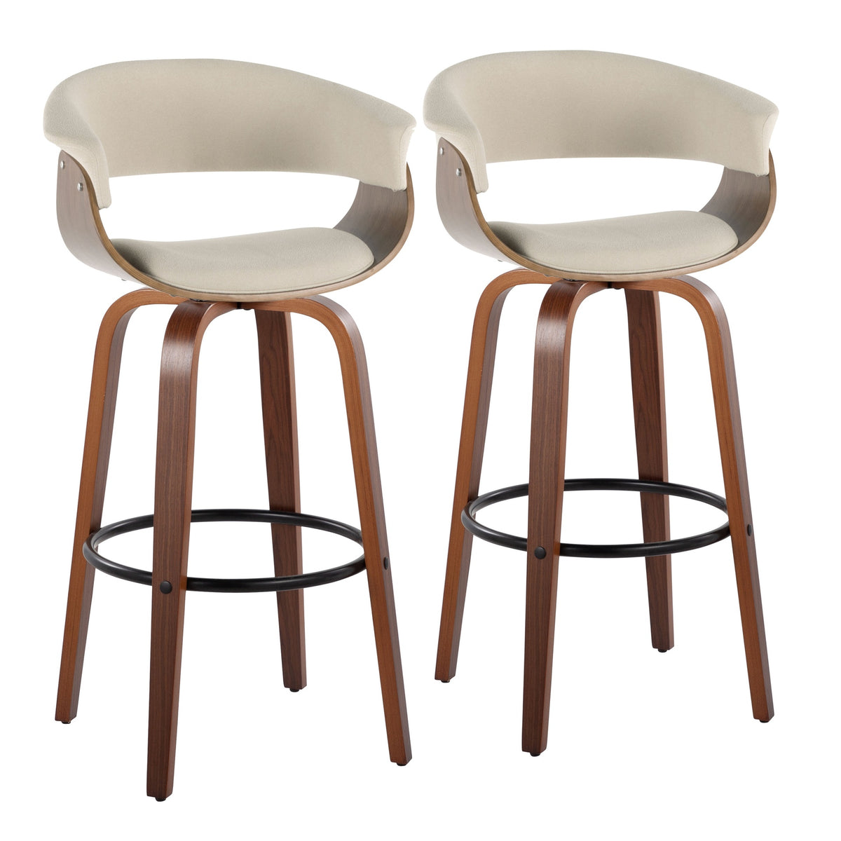 Vintage Mod 30" Mid-Century Modern Fixed-Height Barstool with Swivel in Walnut Wood and Cream Fabric with Round Black Metal Footrest by LumiSource - Set of 2