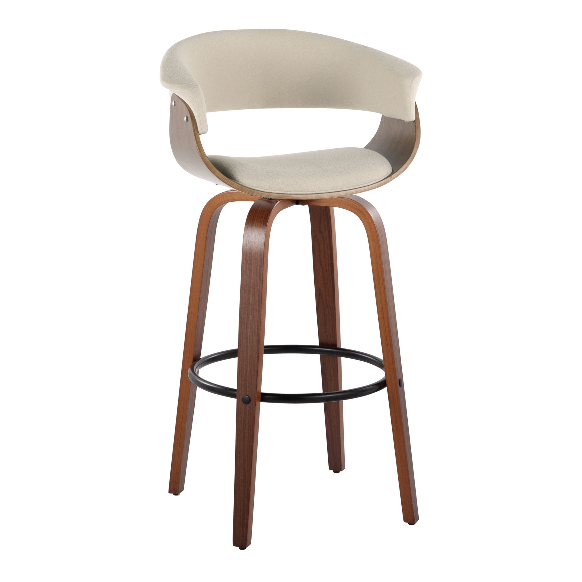 Vintage Mod 30" Mid-Century Modern Fixed-Height Barstool with Swivel in Walnut Wood and Cream Fabric with Round Black Metal Footrest by LumiSource - Set of 2