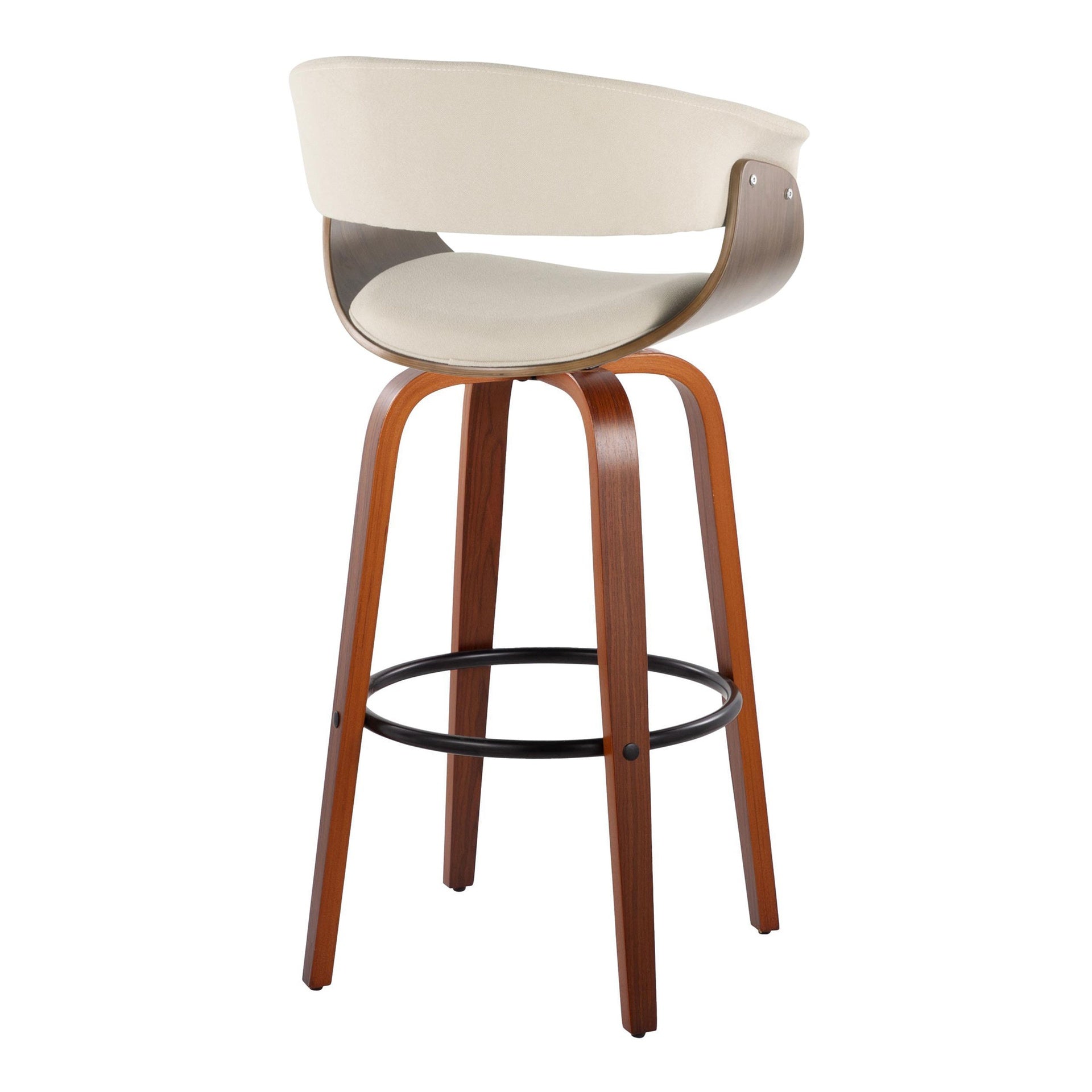 Vintage Mod 30" Mid-Century Modern Fixed-Height Barstool with Swivel in Walnut Wood and Cream Fabric with Round Black Metal Footrest by LumiSource - Set of 2