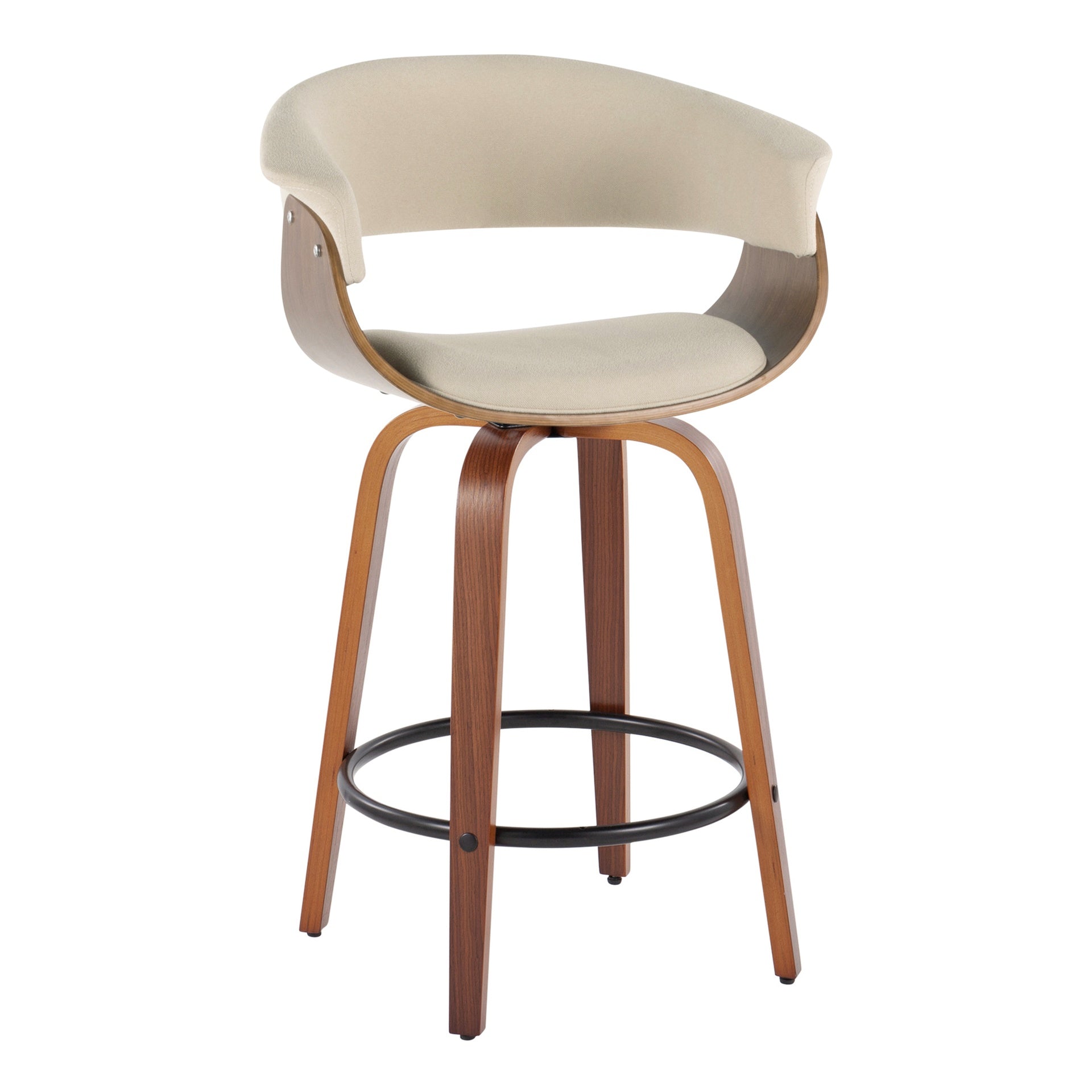 Vintage Mod 26" Mid-Century Modern Fixed-Height Counter Stool with Swivel in Walnut Wood and Cream Fabric with Round Black Metal Footrest by LumiSource - Set of 2