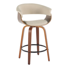Vintage Mod 26" Mid-Century Modern Fixed-Height Counter Stool with Swivel in Walnut Wood and Cream Fabric with Round Black Metal Footrest by LumiSource - Set of 2