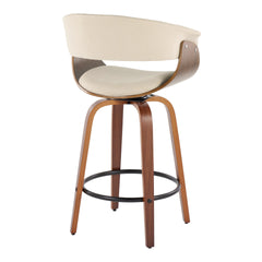 Vintage Mod 26" Mid-Century Modern Fixed-Height Counter Stool with Swivel in Walnut Wood and Cream Fabric with Round Black Metal Footrest by LumiSource - Set of 2