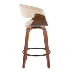 Vintage Mod 26" Mid-Century Modern Fixed-Height Counter Stool with Swivel in Walnut Wood and Cream Fabric with Round Black Metal Footrest by LumiSource - Set of 2