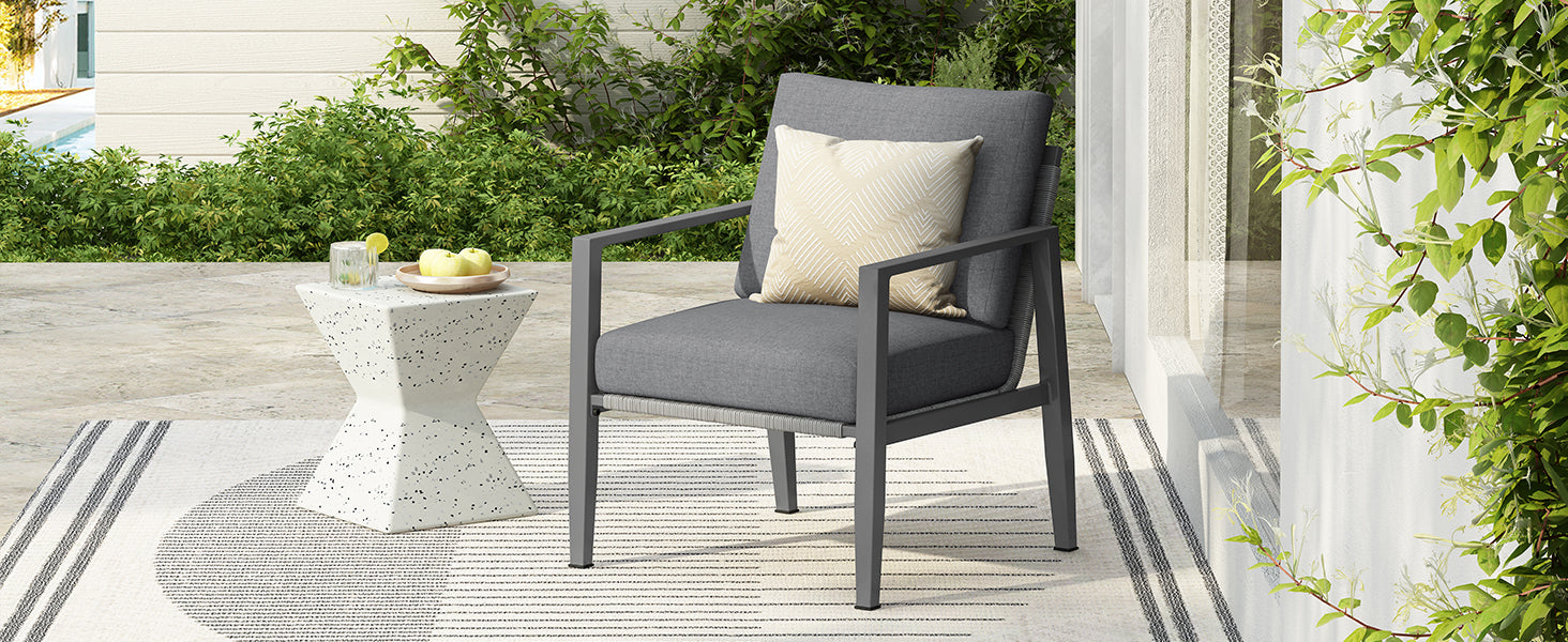 Gray Aluminum Lounge Chair with Sleek Rope Accents and Comfortable Cushions, Perfect for Modern Outdoor and Indoor Spaces