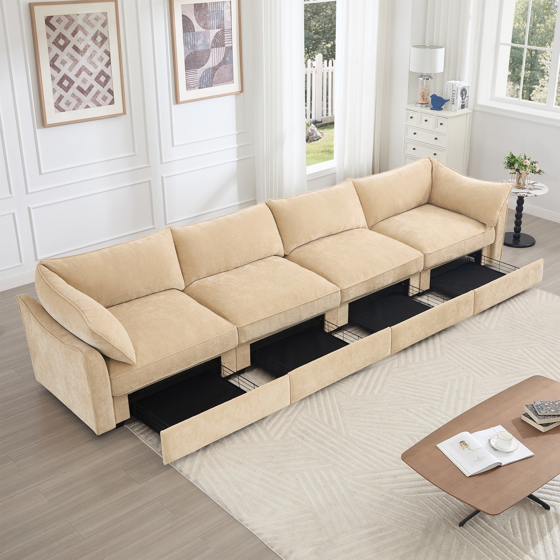 4-seater sofa, with a pull-out drawer under each seat, designed with crescent-shaped armrests, and equipped with wraparound back and arm cushions, chenille fabric, wheat colour.